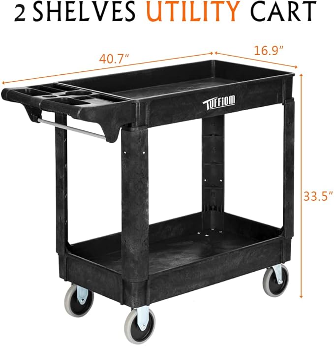TUFFIOM Plastic Service Utility Cart with Wheels, 550lbs Capacity Heavy Duty Tub Storage Cart W/Deep Shelves, Multipurpose Rolling 2-Tier Mobile Storage Organizer, for Warehouse Garage Industrial