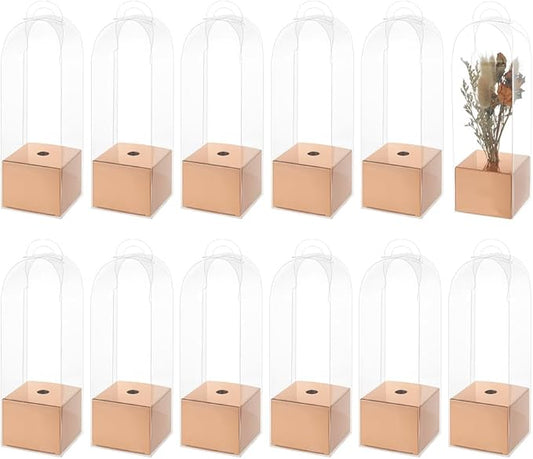 BENECREAT Single Rose Flower Box, 3.1 x 3.1 x 9.6Inch Clear Flower Packing Boxes, Gift Boxes for Graduation Wedding Birthday Floral Gift Floral Arrangement Supply, Rose Gold