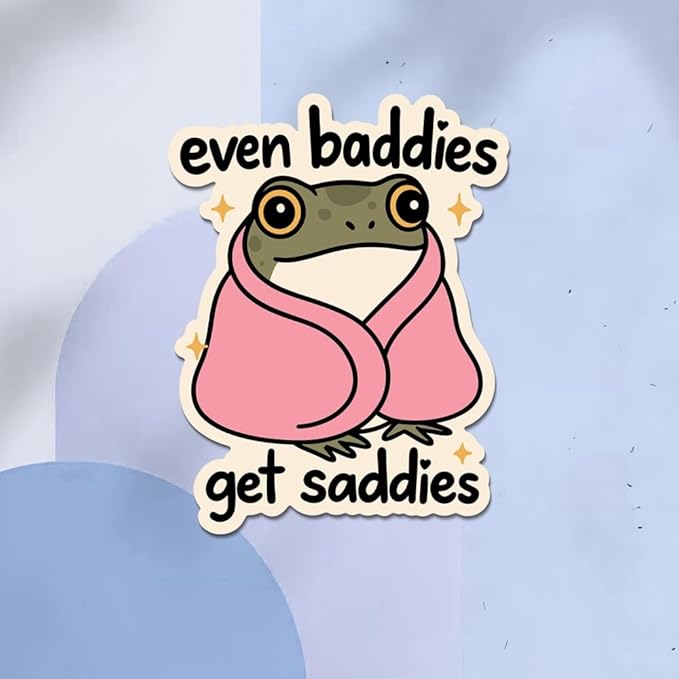 HANDICHI Design 5-Pack 2 Inch Even Baddies Get Saddies Frog Stickers – Funny Mental Health Vinyl Decal Set for Laptops, Water Bottles, Journals & Scrapbooks – Cute Baddie Sticker Pack