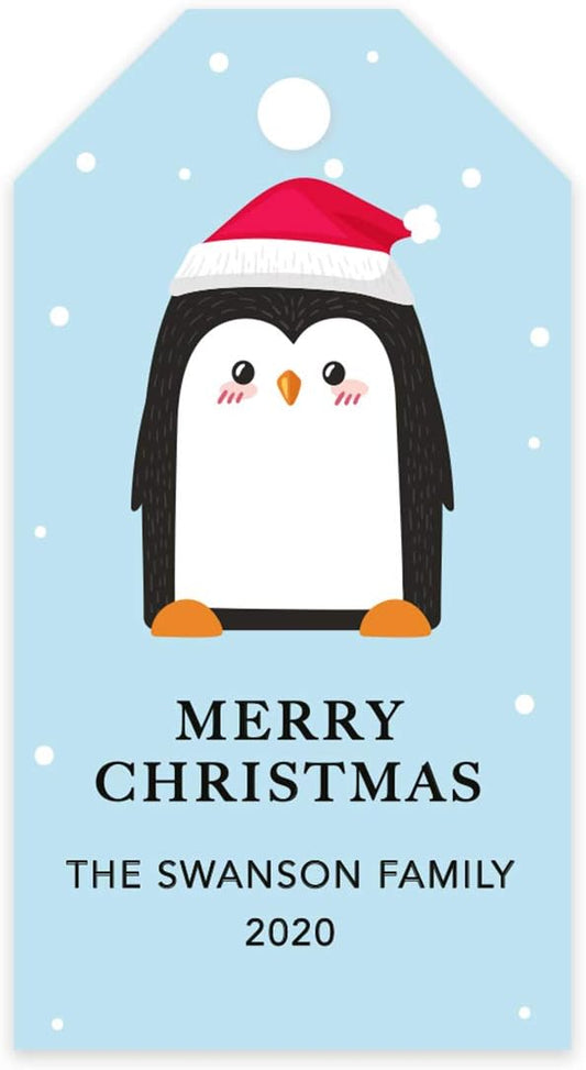 Andaz Press Personalized Christmas Holiday Season Classic Gift Tags, Merry Christmas Custom Family Name and Year, Penguin with Santa Hat Design, for Holiday Events, Parties, and Favors, 60-Pack