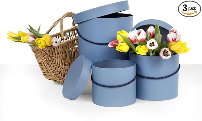 UNIKPACKAGING Premium Quality Round Flower Box, Gift Boxes for Luxury Flower and Gift Arrangements, Set of 3 pcs, with Lids, Size (S/M/L), Matte Blue