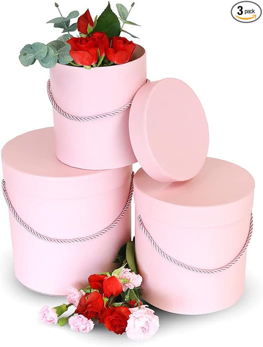Premium Quality Round Flower Box, Gift Boxes for Luxury Flower and Gift Arrangements, Set of 3 pcs (Pink)