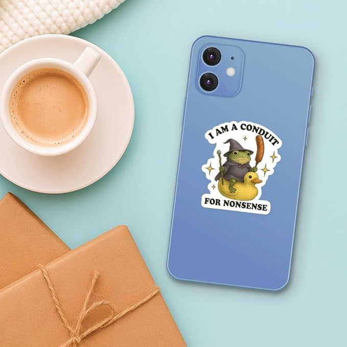 HANDICHI Design 5-Pack 2 Inch Funny Frog Stickers – “I Am a Conduit for Nonsense” Wizard Frog Vinyl Decals – Quirky Meme Sticker Pack for Laptops, Water Bottles, Journals and Scrapbooks