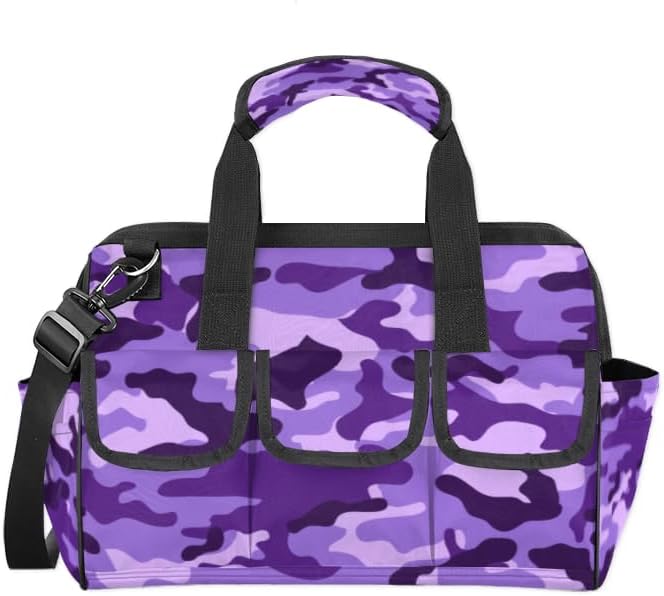 Purple Camouflage Tool Bag for Men Women Multi-Pockets Wide Mouth Tool Storage Bags 14.8 Inch Waterproof Heavy Duty Tool Bag Organizer for Electrician Mechanic Plumbers Handymen