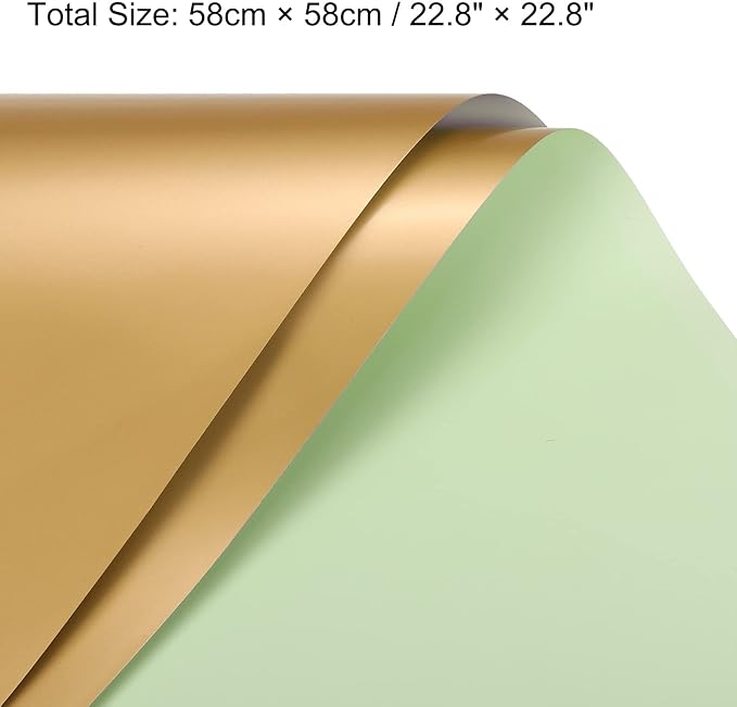 MECCANIXITY 20 Pcs Double Sided Color Flower Wrapping Paper Light Green+Gold 22.8"x22.8" Waterproof for Florist Bouquet Supplies, DIY Crafts, Gift Box Packaging