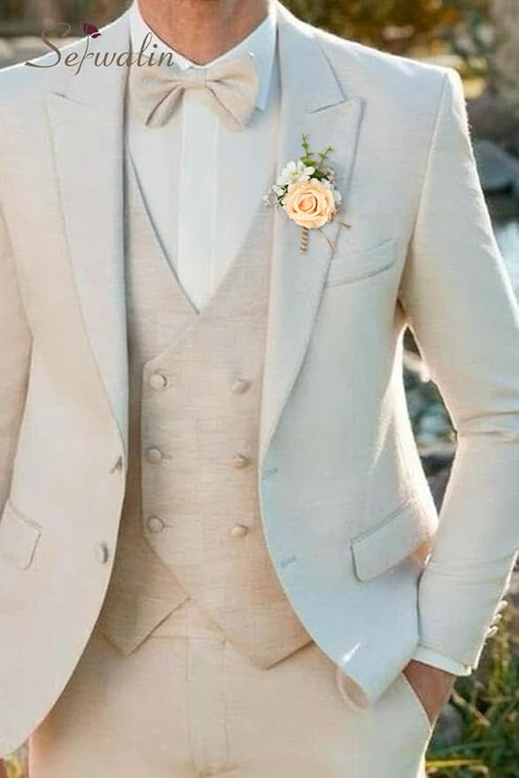 Serwalin 6PCS Champagne Rose Boutonniere for Men Wedding Groom Groomsmen Best Man Boutonniere for Wedding Ceremony Anniversary Prom Flowers Formal Dinner Party