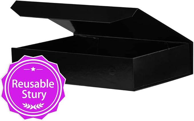 1 Pack Black Gift Box with Lids Small 12 x 8 x 2.7 Inches Clothes Gift Boxes for Presents Shirt Gift Boxes with Ribbon Magnetic Gift Box Bulk Cute Box for Packaging (Glossy Surface)