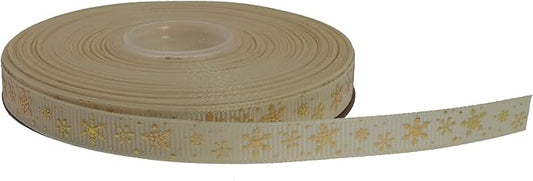 Gold Printing Snowflake Grosgrain Ribbon 25 Yard Each Roll 100% Polyester Woven Edge (3/8", Beige)