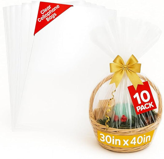 volila Large Cellophane Bags for Gift Baskets - 10 Pack (30 in x 40 in) Clear Gift Wrap for Gift Baskets, Floristry, Party Favors and Food Packaging
