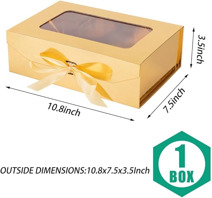 Gold Gift Box for Presents with Ribbon 10.8x7.5x3.5 Inches Clear Gift Box with Window Magnetic Closure Gift Boxes with Lids