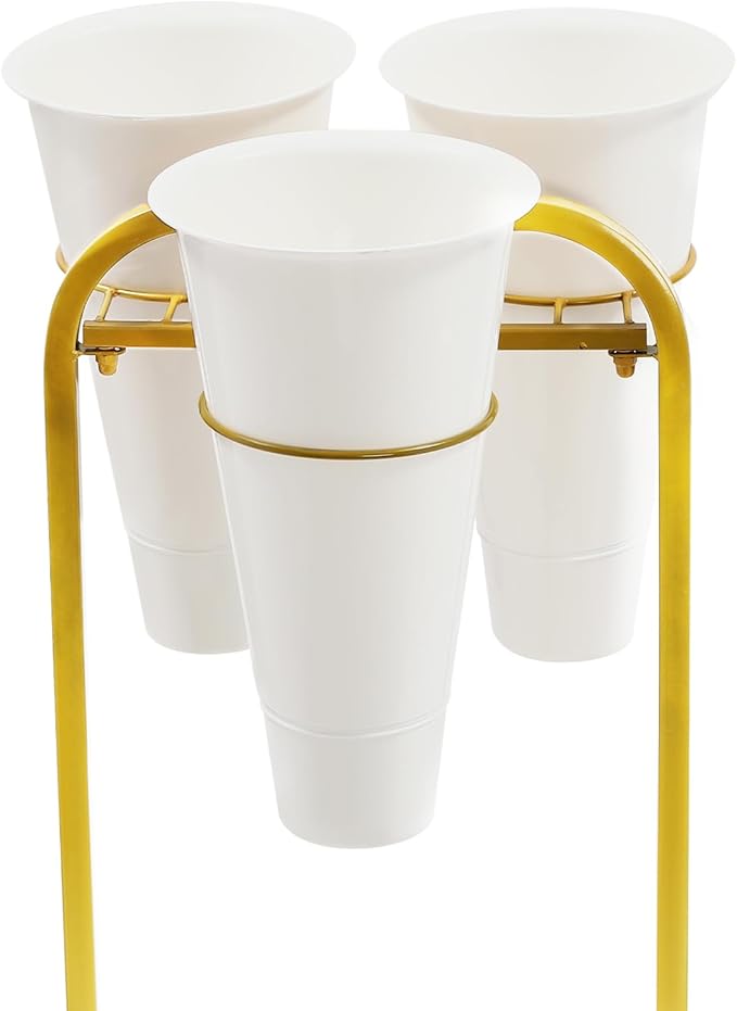 Flower Display Stand with 6 Buckets, Moving Plant Cart Shelf With Wheels and Bucket, Iron Florist Shelf, Indoor Outdoor Flower Rack for Home Patio Balcony (White)