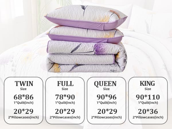 Dinjoy King Size Quilt Set Floral,3 Pieces Purple & Yellow Quilts Coverlet Set Boho Bedspreads Bed Cover Lightweight White Botanical Farmhouse Bedding Sets for Spring Summer Fall Winter(110"x90")