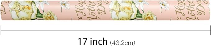 LeZakaa Mother's Day Wrapping Paper Roll, Happy Mother's Day Lettering, Yellow Floral Party Gift Wrap for Women, Mom, 17 inches x 16.4 Feet (23.2 sq.ft.)