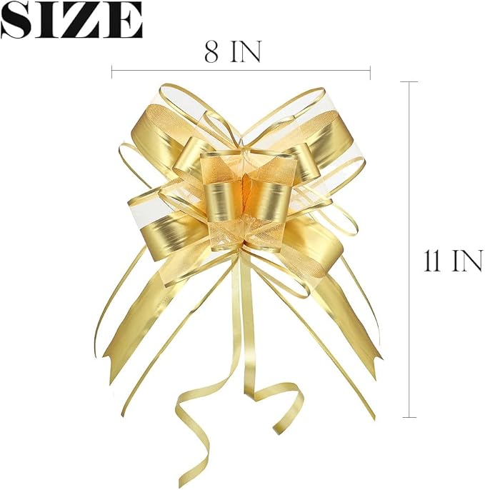 Gold Bows for Gifts, Large Pull Bow for Gift Wrapping, Christmas, New Year, Birthday, Weddings, Baby Showers, Graduations, Valentine's Day(8 inches, 10 PCS)