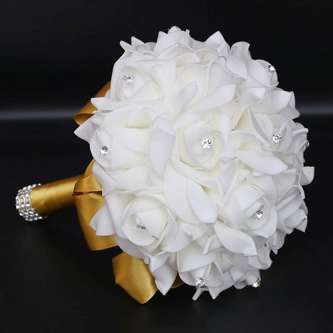 Wedding Bouquet, Gold Bouquet for Bride Bridesmaid with Diamond Soft Ribbons, Artificial Rose Bridal Holding Flowers for Party Church