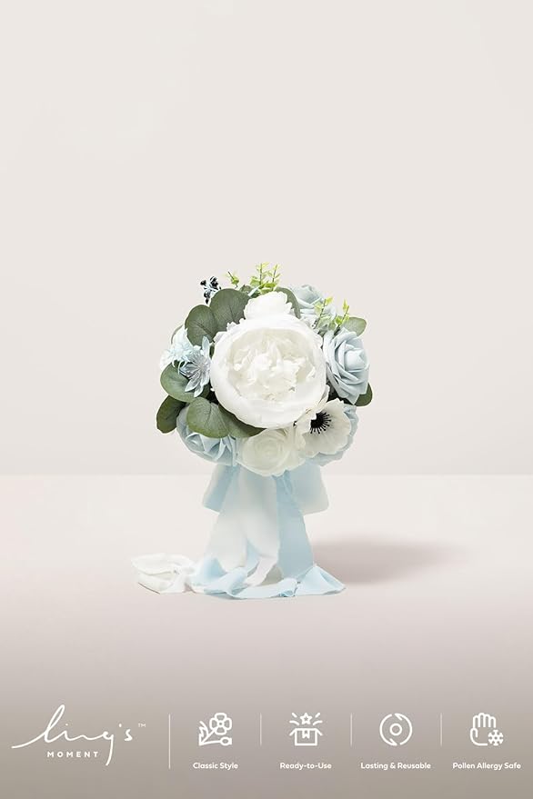 Ling's moment Wedding Artificial Flowers Package, Bridal Bouquet, Bridesmaid Bouquets, Boutonniere for Men, Rose Petals.Blue