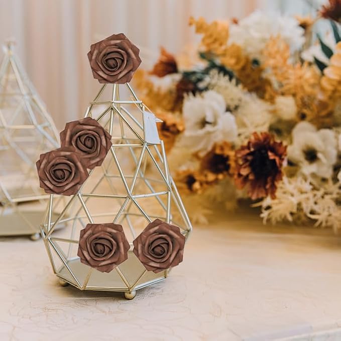 Artificial Flowers, Artificial Rose 100pcs for DIY Wedding Bouquets Centerpieces Arrangements, Brown Foam Roses with Stem for Bridal Shower Party Home Decorations