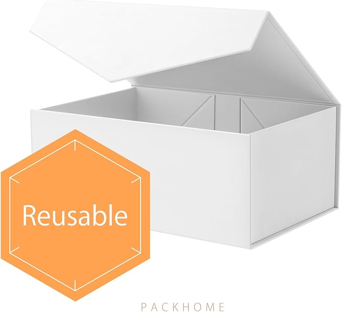 PACKHOME Gift Box 9x6.5x3.8 Inches, Rectangle Collapsible Box with Magnetic Lid for Gift Packaging (Matte White, Grain Texture)
