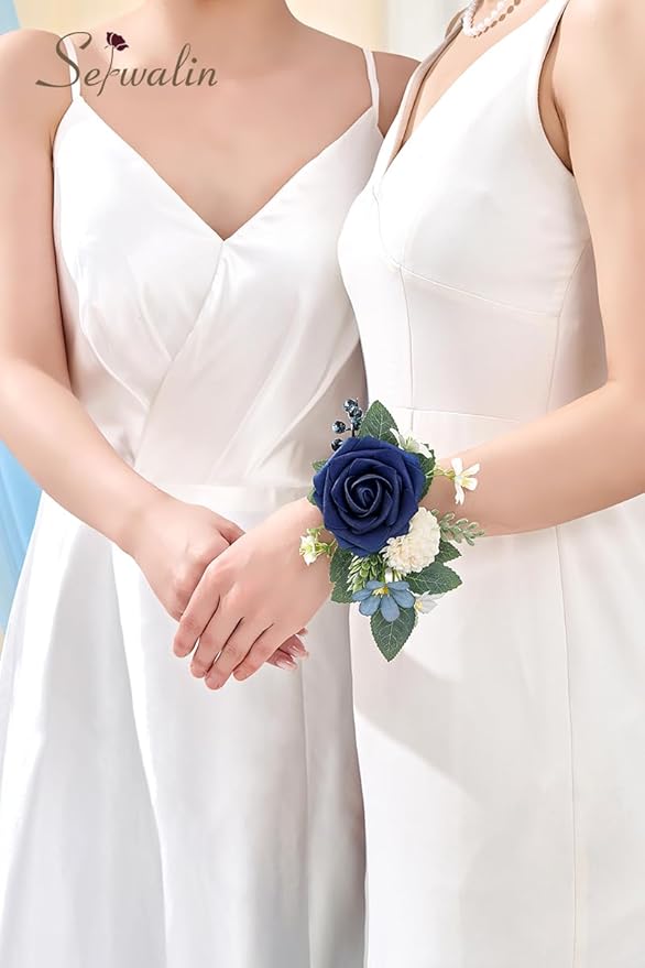 Serwalin 2Pcs Dark Blue Wrist Corsage for Wedding, Corsages Wristlet for Bridesmaid Mother Grandmother, Artificial Flowers for Prom Ceremony Anniversary