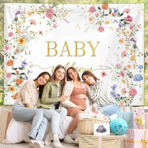 MEHOFOND 7x5ft Wildflower Baby in Bloom Baby Shower Backdrop Decorations, Wildflower Baby Shower Background, Spring Floral Banner Gold Glitter Photography Background Photo Prop 6x3.6ft