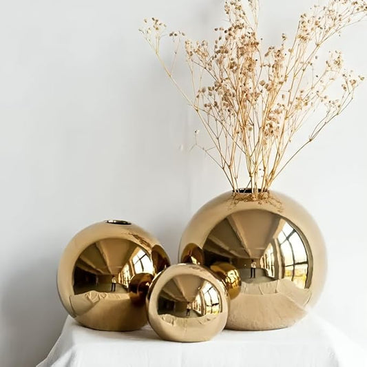 Ceramic Flower Vase for Home Decor – Round Ball Vase for Table, Shelf, Living Room Centrepiece | Modern Decorative Item for Home Office Decor (Gold) (Medium)