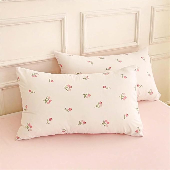 Nayoroom Pink Floral Duvet Cover Full Size Coquette Tulip Printed on White Reversible Comforter Cover 3 Pcs Girls Cottagecore Bedding Set with Pillow Sham Soft Lightweight Microfiber