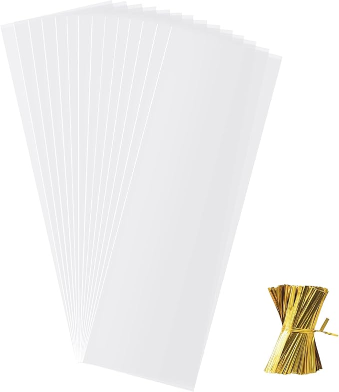 Morepack Cellophane Bags for Wine Bottles,6x18 Inches 50Pcs Clear Wine Gift Cello Bags With Twist Ties (Flat, No Gusset)