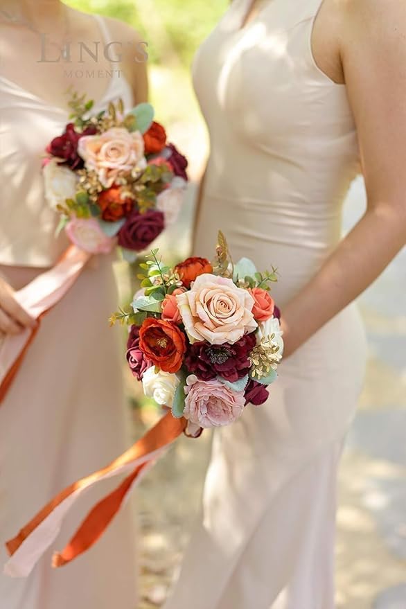 Ling's moment Artificial Flowers 16pcs Silk Roses with Stems, 3.5" Fake Vendela Roses Bulk for DIY Wedding Bouquets Centerpieces Party Baby Shower Home Decoration, French Orange & Cream