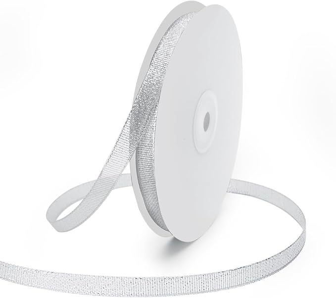 KMER LIFE 3/8 inch x 50 Yards Glitter Silvery Ribbon, Sparkly Metallic Fabric Ribbons, Perfect for Gifts Wrapping, Sewing, Decoration for Christmas, Valentines Day