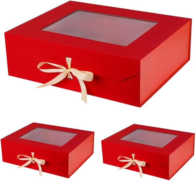 3 Pcs Extra Large Red Gift Box for Presents with Ribbon 19x16x6 Inches Clear Gift Box with Window Magnetic Closure Gift Boxes with Lids
