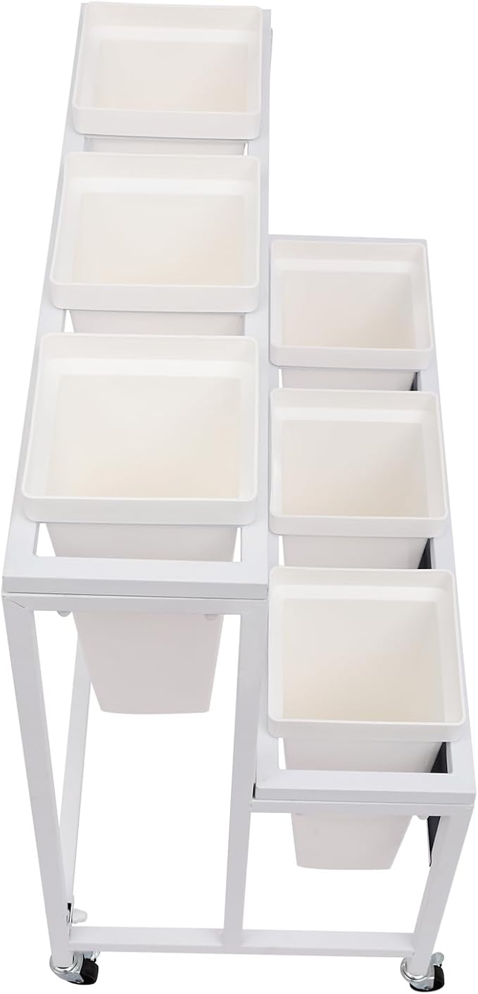 2-Layers Flower Display Stand Metal Flower Display Stand With 6 Pcs Buckets Rolling Plant Stand Flower Cart Moving Florist Bouquet Shelf for Fresh Flower Shop Balcony,Load Capacity 33.07lbs (White)