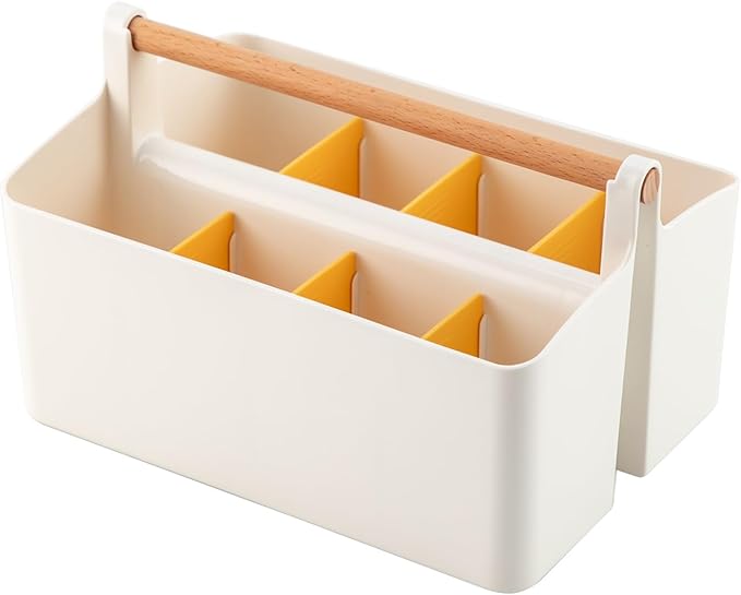 Large Portable Caddy Tote with Handle, Plastic Craft Storage Organizer Basket with Adjustable Divided for Art Supplies, Sewing, Colored Pencils, Makeup-Yellow