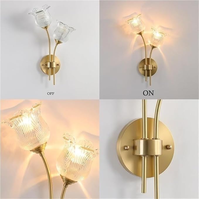 Elegant Double Head Wall Sconce, Vintage Brass Floral Design with Fluted Clear Glass Tulip Shades, Brushed Gold Accent Lamp for Living Room, Bedroom Bedside, Dining Room Decor