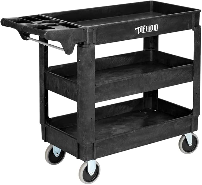 TUFFIOM Plastic Service Utility Cart, Support 550lbs Capacity Ergonomic Handle, Heavy Duty Tub Storage Cart W/Deep Shelves, Multipurpose Rolling 2-Tier Mobile Storage Organizer, for Warehouse Garage