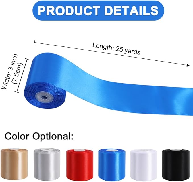 TONIFUL Royal Blue Satin Ribbon 3 Inch X 25yds Solid Silk Ribbons for Gift Wrapping, Craft, Floral Bouquets, Valentine's Day Christmas Gift Wrapping, Party Wedding Decoration