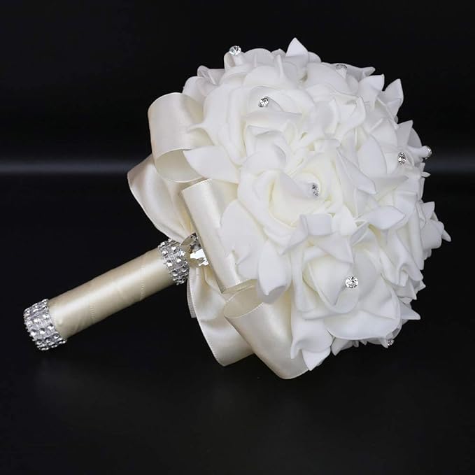 Wedding Bouquet, Creamy Bouquet for Bride Bridesmaid with Diamond Soft Ribbons, Artificial Rose Bridal Holding Flowers for Party Church