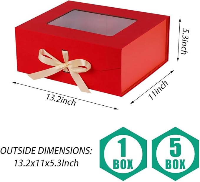 Red Gift Box for Presents with Ribbon 13.2x11x5.3 Inches Clear Gift Box with Window Magnetic Closure Gift Boxes with Lids