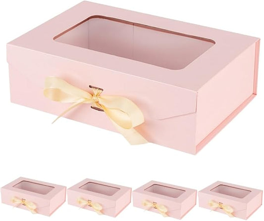 5 Pcs Pink Gift Box for Presents with Ribbon 10.8x7.5x3.5 Inches Clear Gift Box with Window Magnetic Closure Gift Boxes with Lids