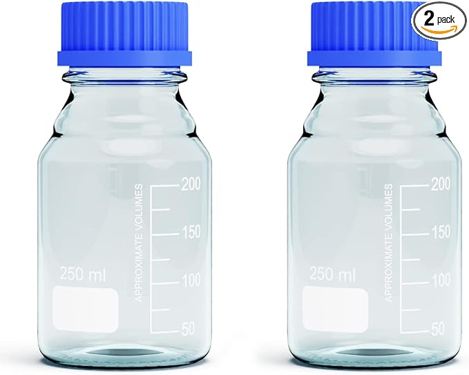Borosilicate Glass Bottles - 2pcs Round Media Storage Bottle - 250ml with GL45 Blue Screw Cap