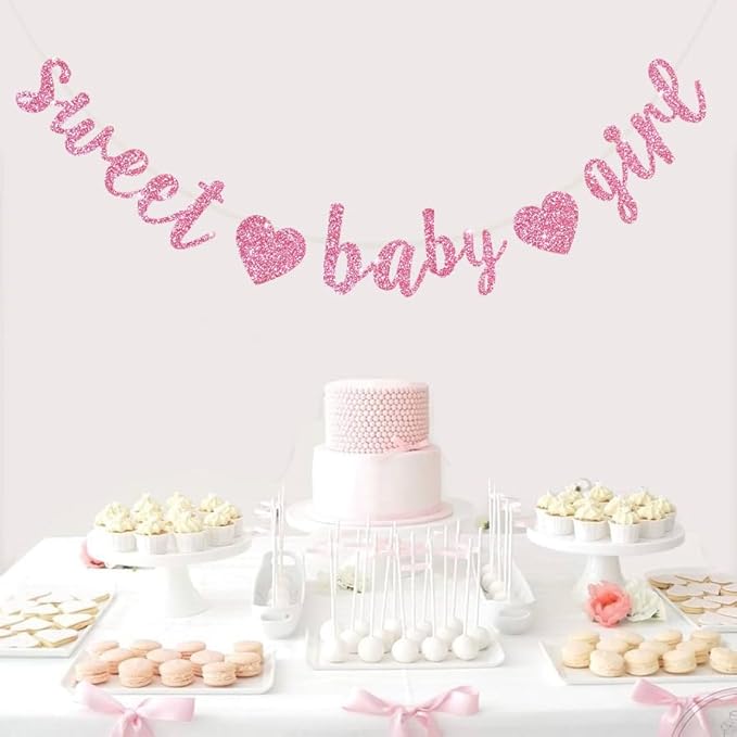 BEISHIDA Pink Glitter Girl Baby Banner,NO DIY, Pre-Strung Baby Gender Party Banner For Girls, Girls Shower Decorations,First Birthday Sweet party supplies