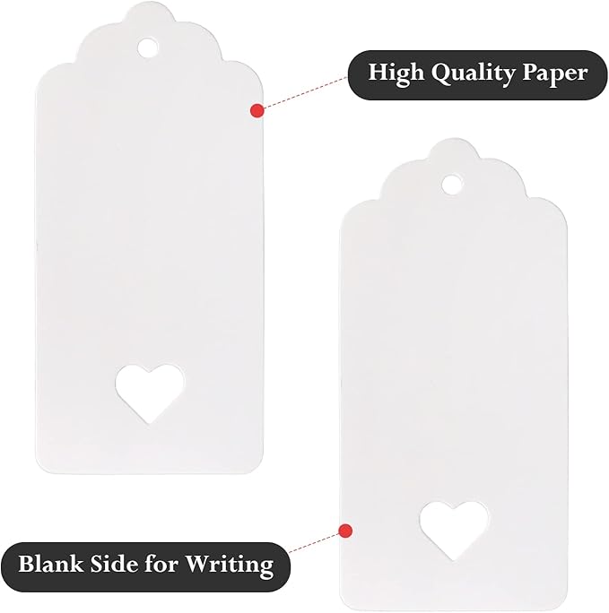 jijAcraft 100Pcs Gift Tags with String, White Paper Tag with Hollow Heart, 3.7 x 1.7Inch Blank Gift Wrapping Hangtag, Party Favors Tag for Wedding, Birthday, Baby Shower