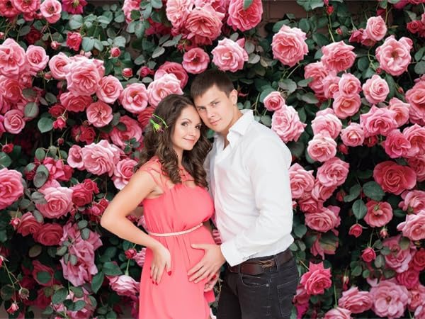 12x8ft Pink Flower Wall Backdrop Roses Floral Background Spring Tea Party Photography Banner for Wedding Birthday Bridal Shower Mother's Day Women's Day Valentine's Day Princess Portraits
