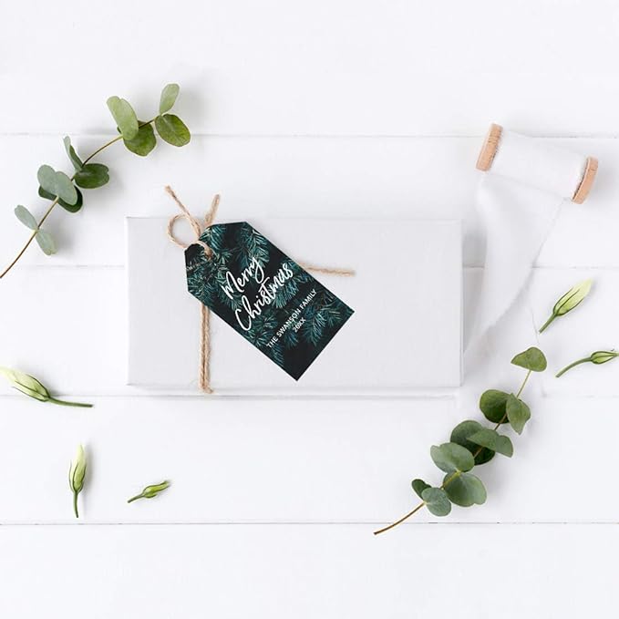 Andaz Press Personalized Christmas Holiday Season Classic Gift Tags, Merry Christmas Custom Family Name and Year, Christmas Tree Branch Design, for Holiday Events, Parties, and Favors, 60-Pack