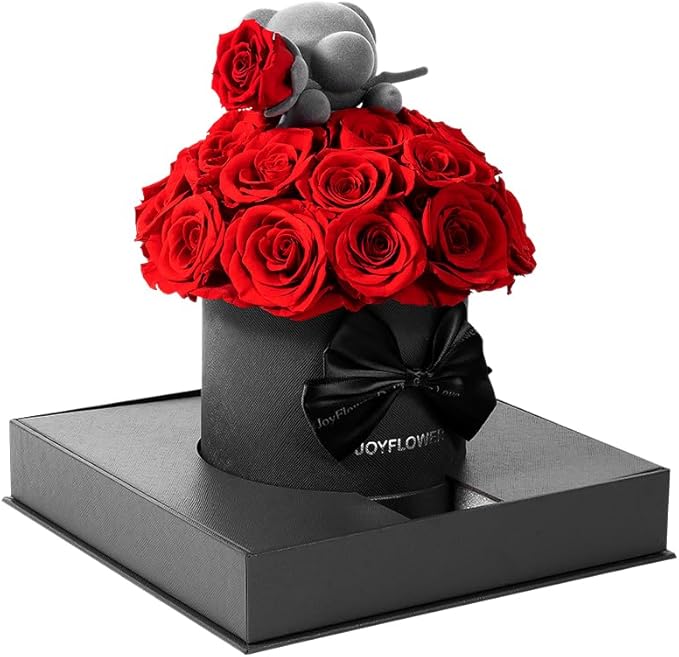 JoyFlower Preserved Real Rose in Acrylic Box, Forever Flowers Red Rose Bear Gift for Women Wife Girlfriend Mom Grandma, Eternal Rose Gifts for Birthday, Anniversary, Christmas, Valentines Mothers Day
