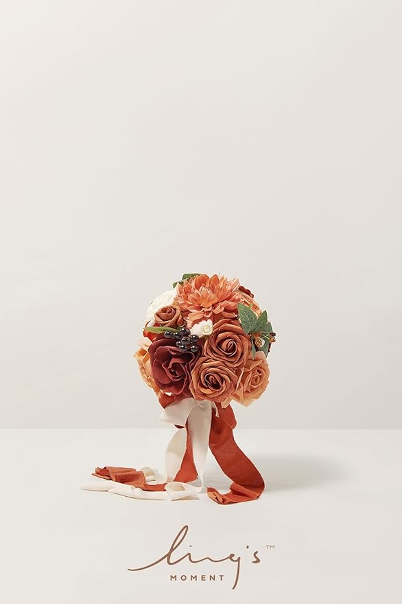 Ling's moment Wedding Artificial Flowers Package, Bridal Bouquet, Bridesmaid Bouquets, Boutonniere for Men, Rose Petals.Terracotta Orange