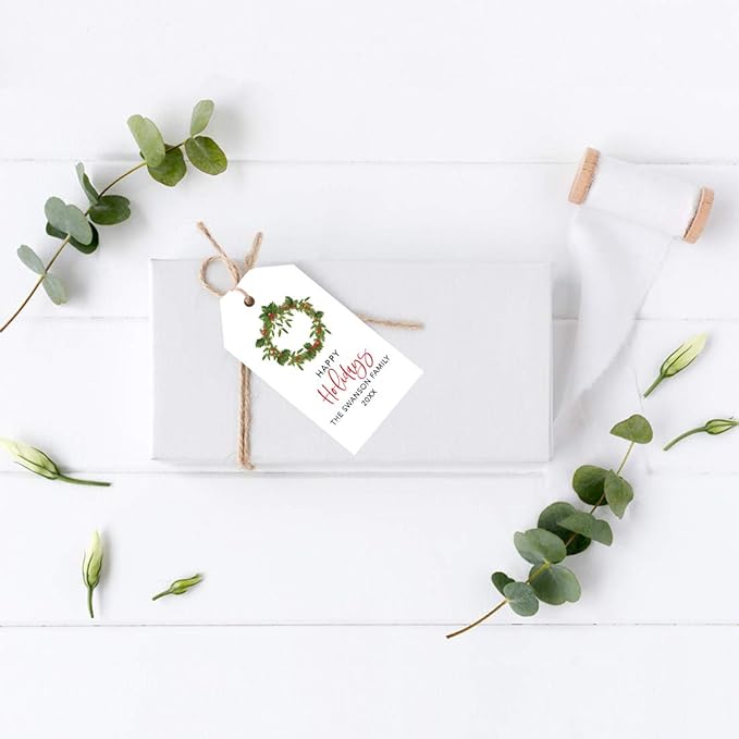 Andaz Press Personalized Christmas Holiday Season Classic Gift Tags, Happy Holidays Custom Family Name and Year, Christmas Wreath with Berries Design, for Holiday Events, Parties, and Favors, 60-Pack