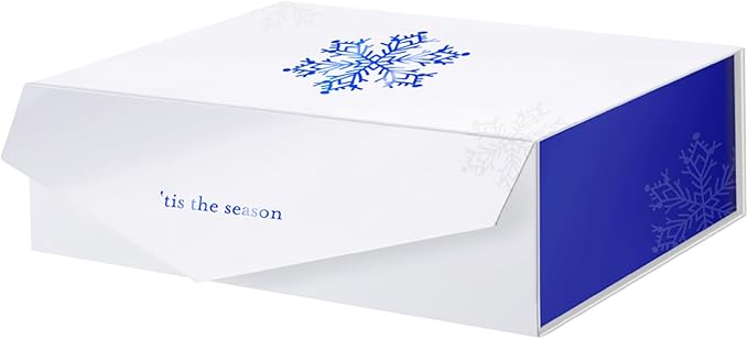 PACKHOME Large Christmas Gift Box 13.5x9x4.1 Inches, Sturdy Collapsible Gift Box with Magnetic Closure Lid (Blue Snowflake Pattern)