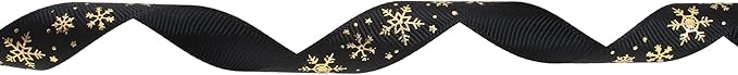 Gold Printing Snowflake Grosgrain Ribbon 25 Yard Each Roll 100% Polyester Woven Edge (5/8", Black)