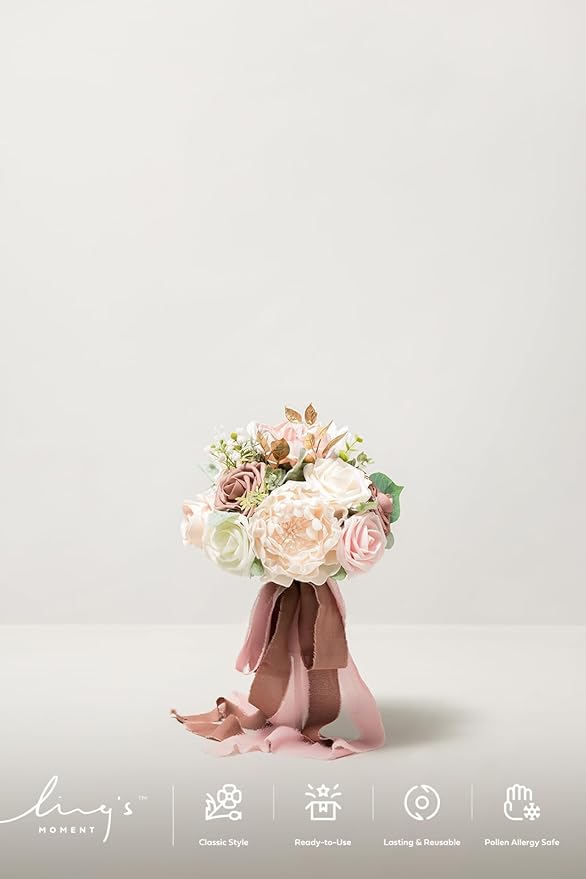 Ling's moment Artificial Flowers Pink Bridesmaid Bouquet Set of 4, Dusty Rose Wedding Flowers Bouquets for Bridesmaids, 7 Inch Bridal Bouquets for Bridesmaids, Wedding, Ceremony, Anniversary, etc