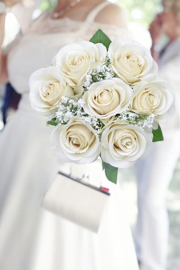 Artificial Rose Flower Artificial Flowers Flower with Long Stem Silk Roses Bouquet for Wedding Bridal Shower Party Home Decoration (Beige, 12 Pcs)